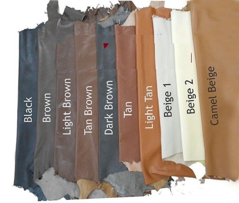 May include: Leather swatches in various shades of brown, beige, and black. The swatches are labeled with their corresponding colors: Black, Brown, Light Brown, Tan Brown, Dark Brown, Tan, Light Tan, Beige 1, Beige 2, and Camel Beige.