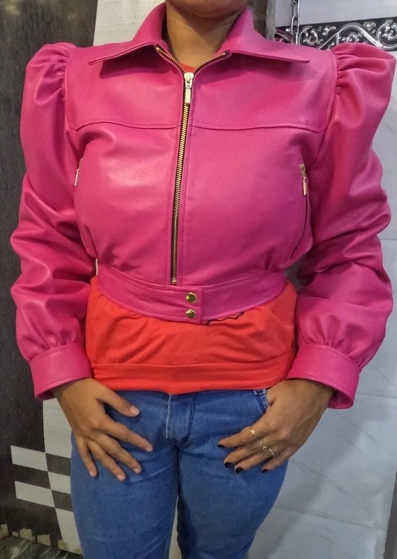Noori Womens Hot PINK Leather Jacket | Slim Fit CROPPED Leather Jacket With Balloon Sleeves | Motor Bolero SHRUG Biker Jacket | Short Jacket