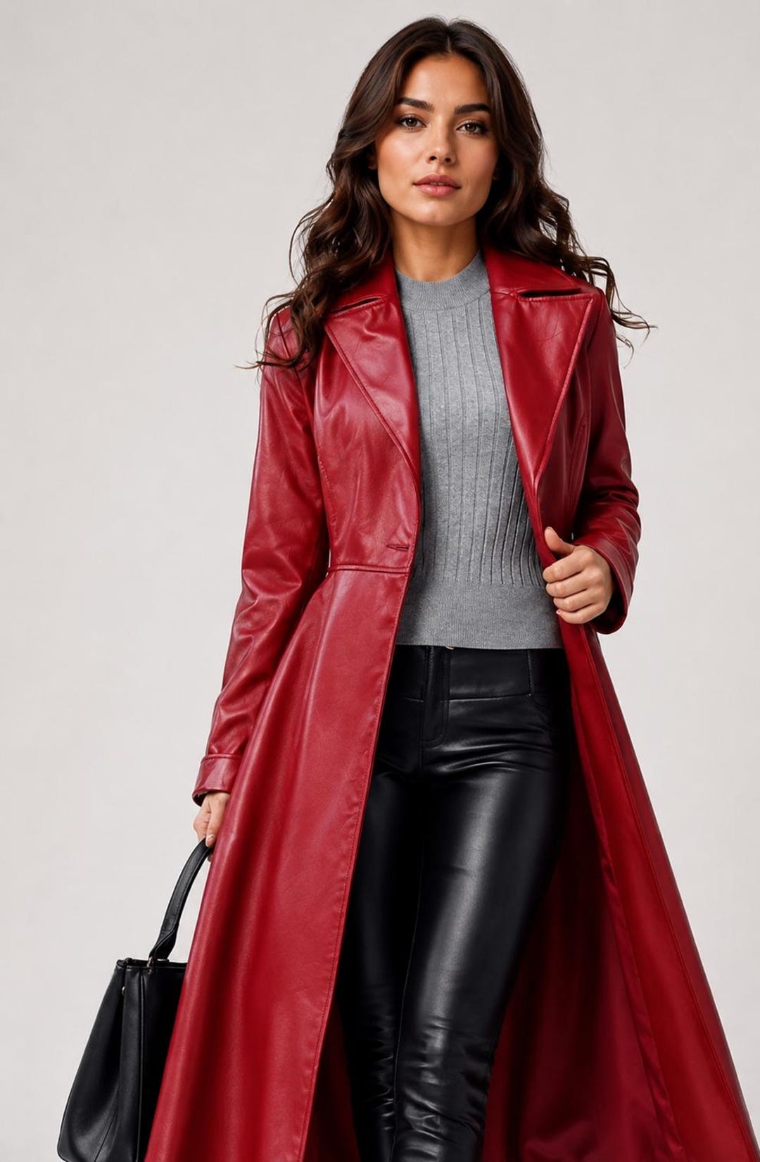Women's RED Lambskin Leather TRENCH COAT, Handmade Leather Long