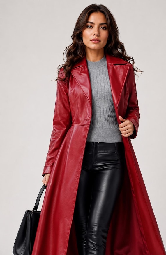ジャケット・アウター TornadoMart Red Leather Belted Long Coat Women's RED Lambskin Leather TRENCH COAT, Handmade Leather Long