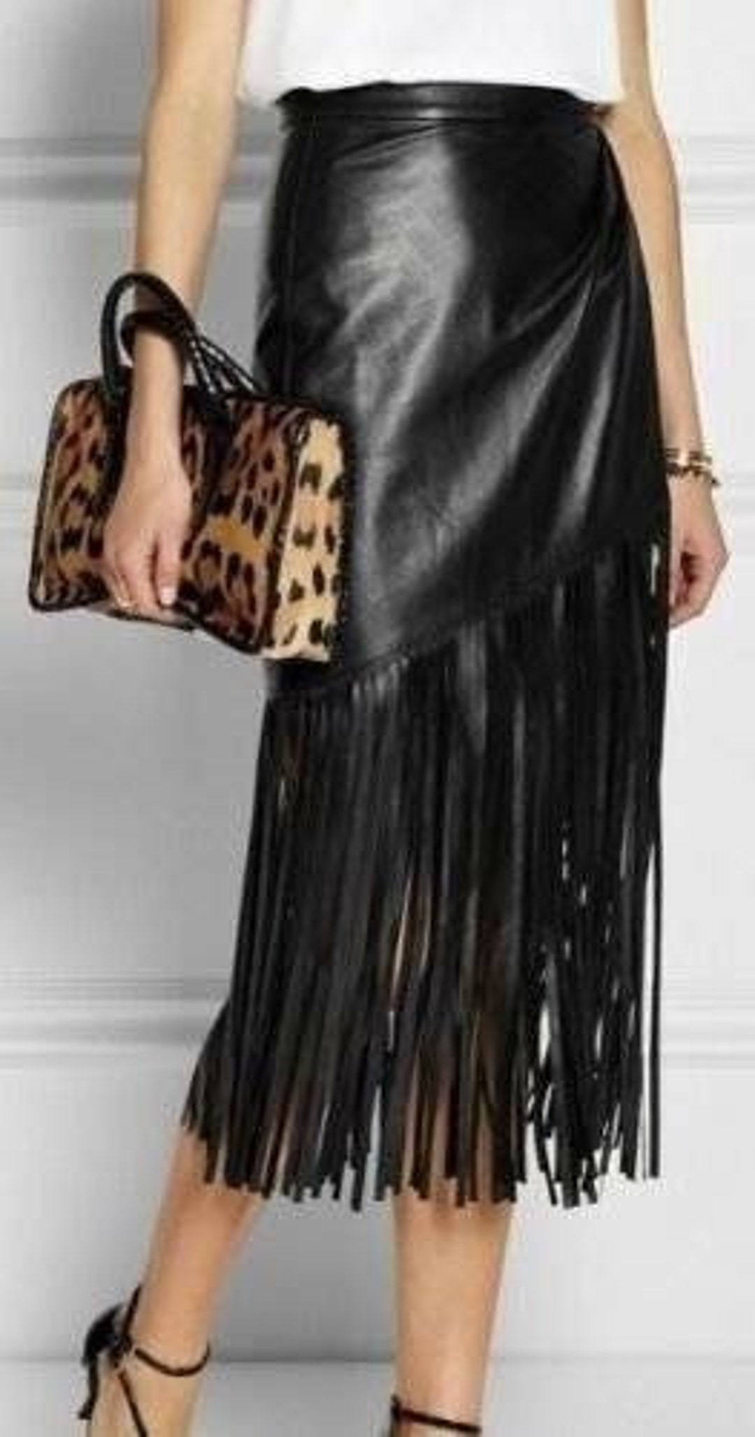 Leather Fringe Skirt BLACK, WRAP Leather Skirt, Bohemian Hippie Fringe