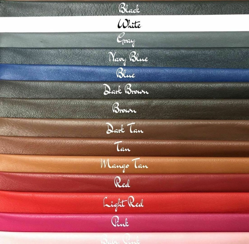 May include: A close-up of 14 leather swatches in various colors, including black, white, gray, navy blue, blue, dark brown, brown, dark tan, tan, mango tan, red, light red, pink, and white. The colors are labeled with their names.