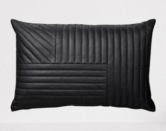 Noori Pure Lambskin BLACK Leather QUILTED Cushion Cover, Geometric RECTANGLE Pillow Cover, Classic Tufted Rectangular Throw Cover