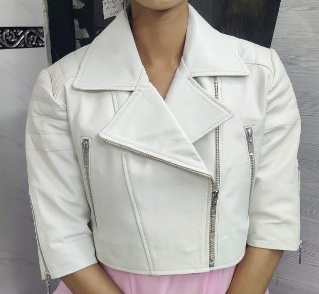 Noori Womens White Cropped Leather Jacket Cropped Motor Bolero Shrug Biker Jacket Short Sleeves Beautiful Look Trendy Leather Jacket Etsy