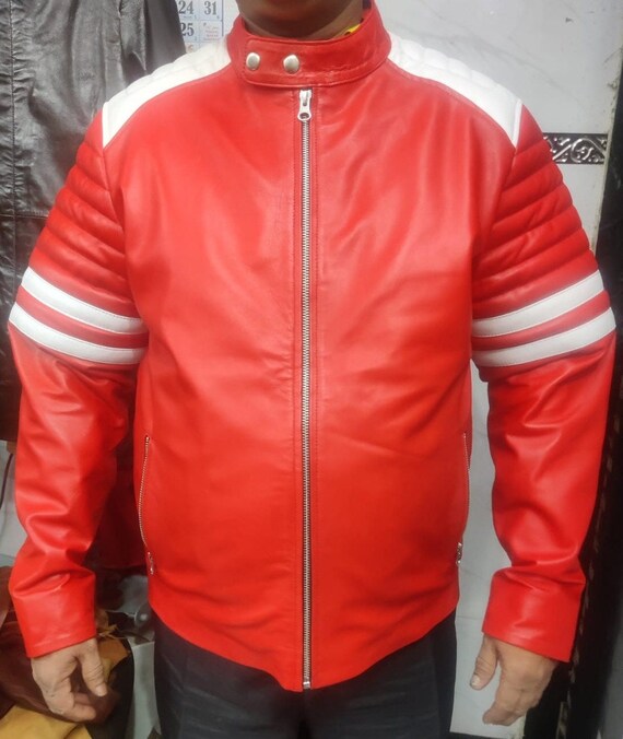 Men's Cafe Racer Leather Jacket - Black Lambskin Retro Biker Jacket With Red Quilted Stripes
