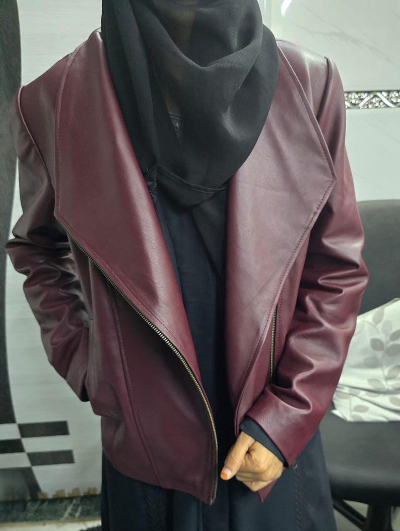 Women's BURGUNDY Leather Jacket, Womens Burgundy Moto Jacket, Handmade Vintage Style Jacket Fully Lined with Polyester, Maroon Bikers Jacket image 6