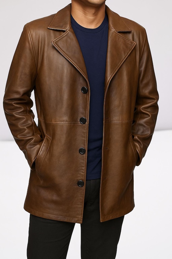 Trench Da Uomo In Vera Pelle Di Agnello Morbida - Capospalla Lungo Di Alta Qualit&agrave;, Elegante Giacca Doppiopetto Per Autunno E Inverno - Italia