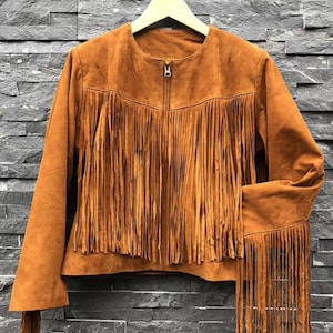 Women&#39;s FRINGE Jacket Leather SUEDE, Brown Suede TASSEL Jacket, Vintage Suede Jacket with Long Fringes, Cropped Leather Jacket Cowgirl Style