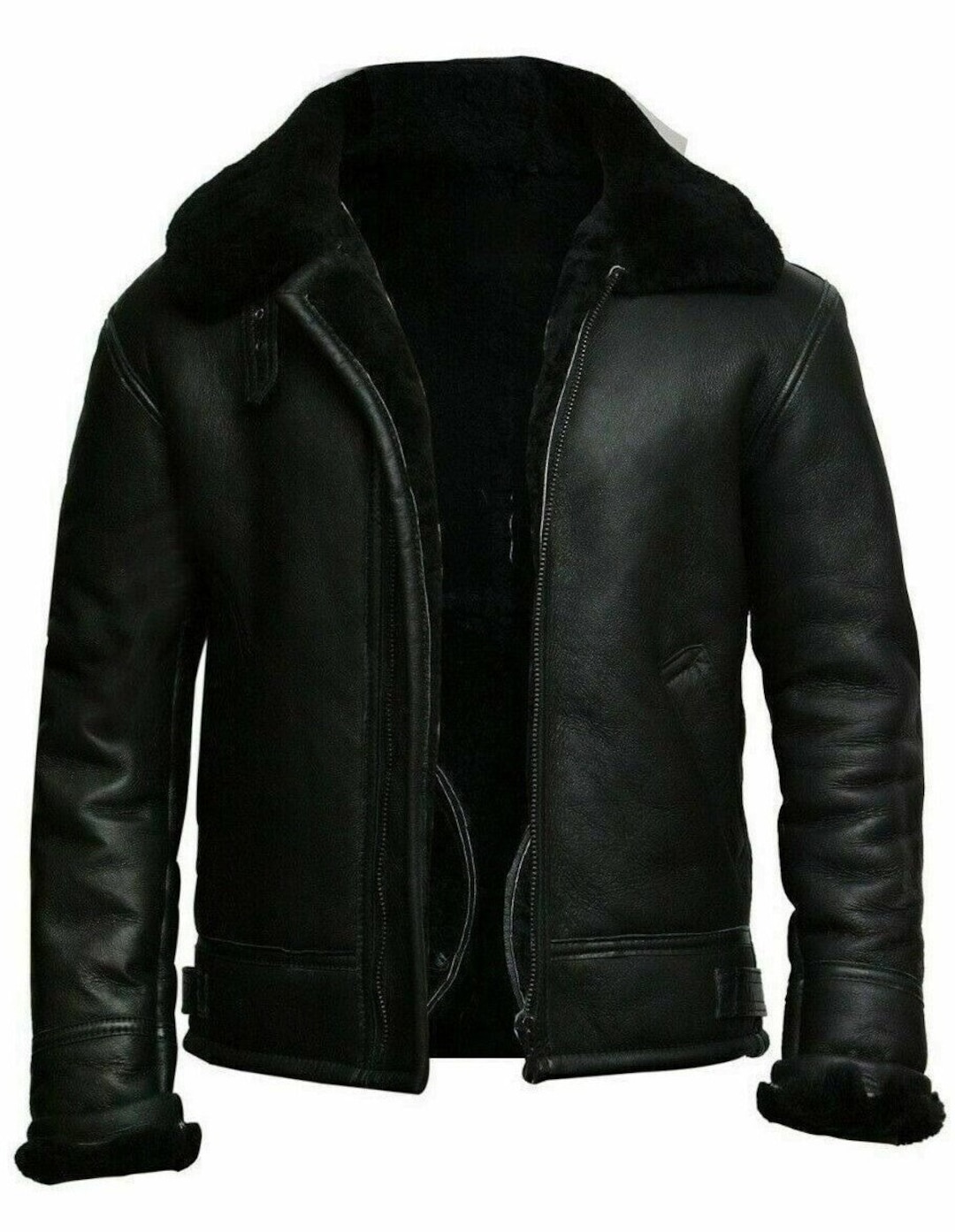 Herren Lammfell SCHWARZ Lederjacke, handgefertigte Shearling Kunstpelz  Kragen Lederjacke mit Reißverschluss, Promi Schaf Lederjacke schwarz 