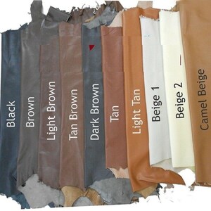 May include: Leather swatches in various shades of brown, beige, and black. The swatches are labelled with their corresponding colours: Black, Brown, Light Brown, Tan Brown, Dark Brown, Tan, Light Tan, Beige 1, Beige 2, and Camel Beige.
