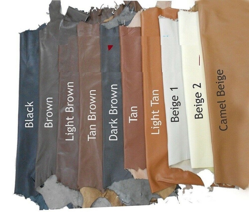 May include: Leather swatches in various shades of brown, beige, and black. The swatches are labelled with their corresponding colours: Black, Brown, Light Brown, Tan Brown, Dark Brown, Tan, Light Tan, Beige 1, Beige 2, and Camel Beige.