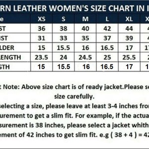 May include: A size chart for women's western leather jackets, showing measurements in inches for bust, waist, shoulder, sleeve length, and length. The chart includes sizes XS through XXXL.