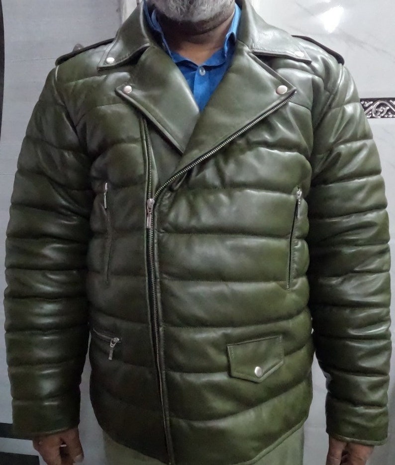 Mens Olive GREEN Leather Jacket Slim Fit Real Biker Leather Etsy