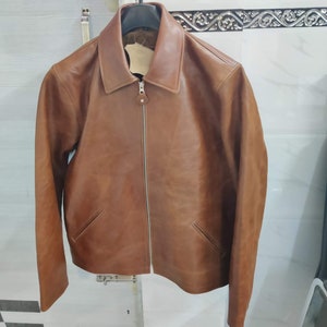 DISTRESSED BROWN Lederjacke für Herren, hellbraune Distressed Leder Roadman Café Racer Jacke, Lederjacke mit Hemdkragen |
