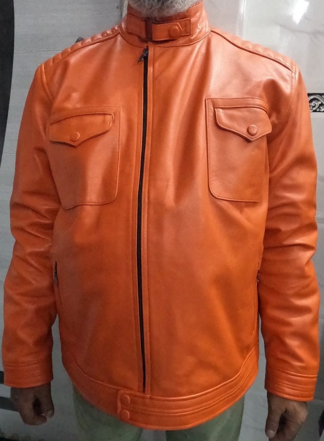 Mens ORANGE Leather Jacket Genuine Lambskin Leather Slim Fit Jacket