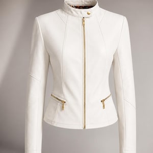 Chaqueta de piel de cordero auténtica blanca para mujer / Chaqueta de cuero estilo western de corte entallado para novia / Chaqueta clásica de cuero blanca, regalo especial para esposa