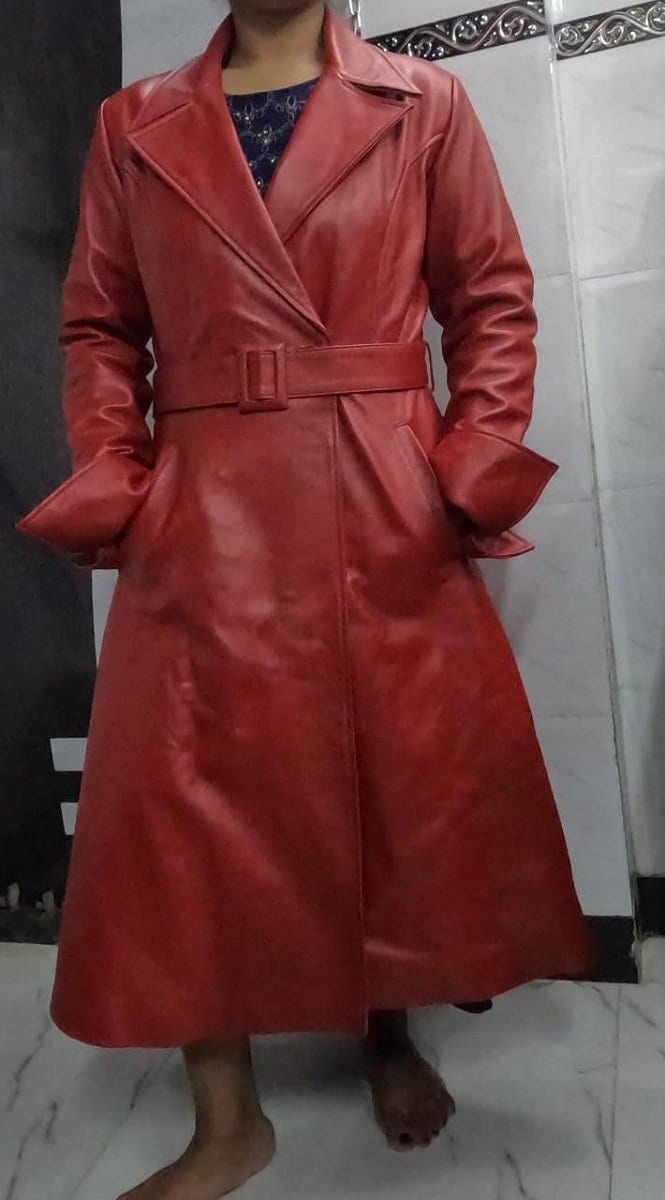 Noori Womens RED Lambskin Leather Trench Coat | Handmade Long Coat