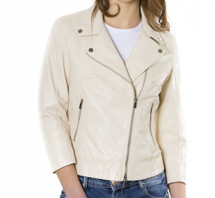 Cream leather moto jacket online