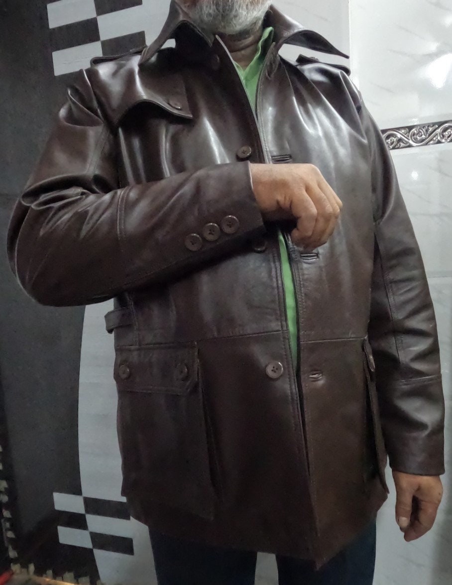 Noori Mens Leather Trench Coat Dark BROWN | Single Breasted