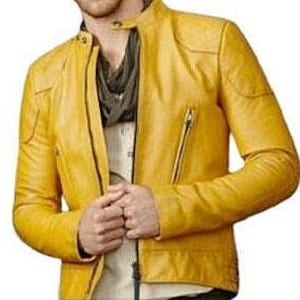 NOORI Mens YELLOW Leather Jacket | Real Leather Moto Jacket | Winter Leather Slim Fit Biker Jacket | QUILTED Designer Leather Jacket For Men