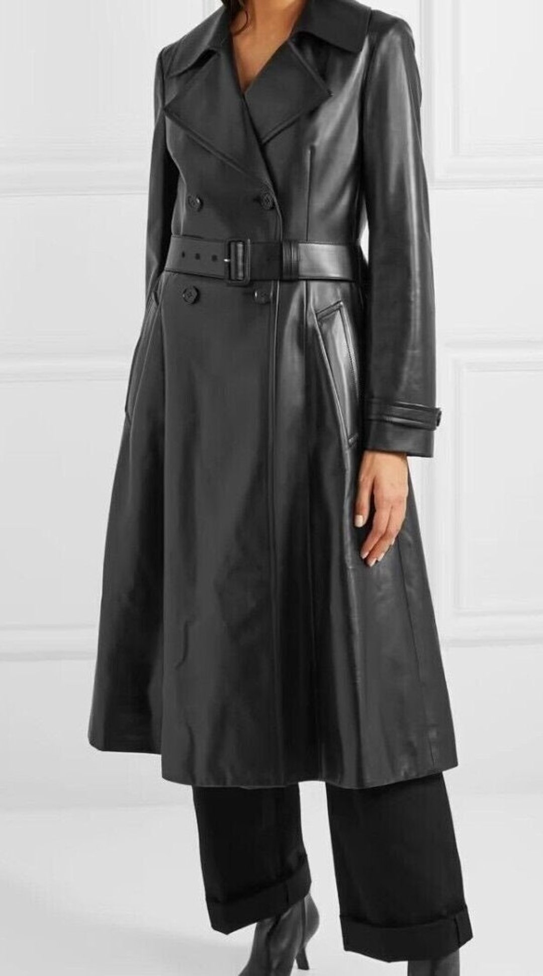 Damen SCHWARZES Leder TRENCH COAT Slim Fit Zweireiher