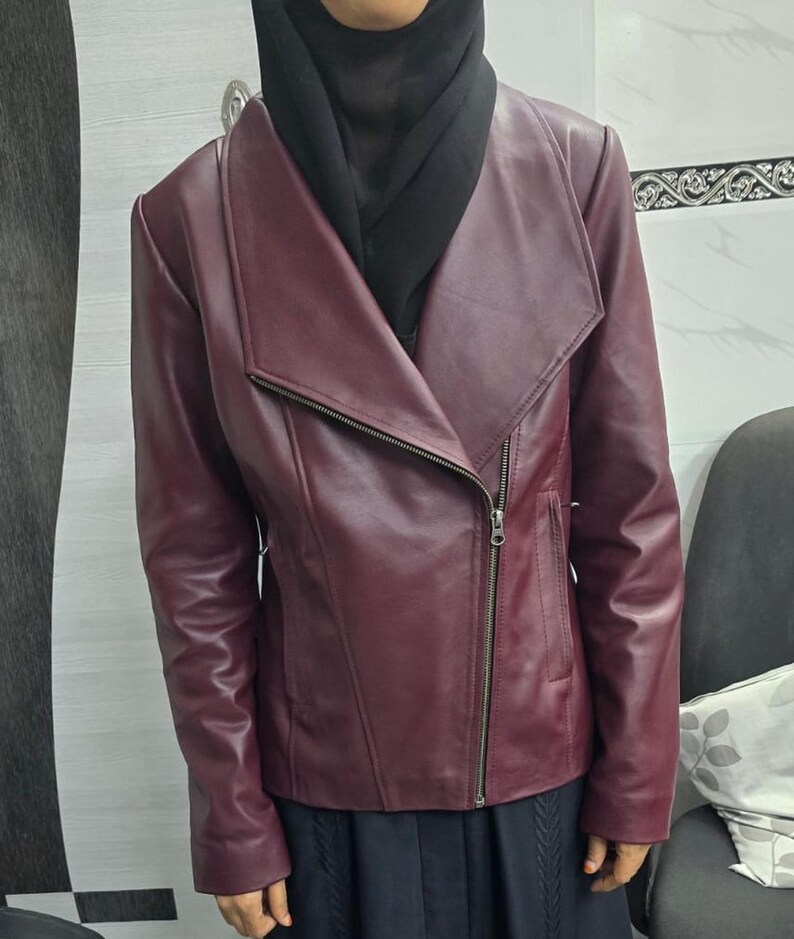 Women's BURGUNDY Leather Jacket, Womens Burgundy Moto Jacket, Handmade Vintage Style Jacket Fully Lined with Polyester, Maroon Bikers Jacket image 4