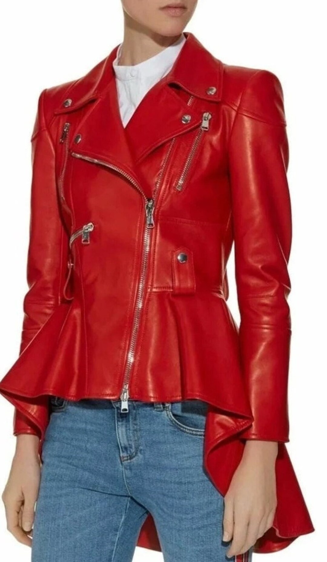 Noori Womens RED Leather Jacket PEPLUM Asymmetric Biker Leather Jacket