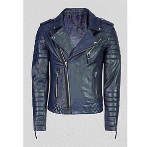 Herren NAVY BLUE gesteppte Lederjacke, Slim Fit Motorrad-Biker-Epaulet-Jacke, handgefertigte echte Lammfell-Lederjacken Schulter-Epauletten