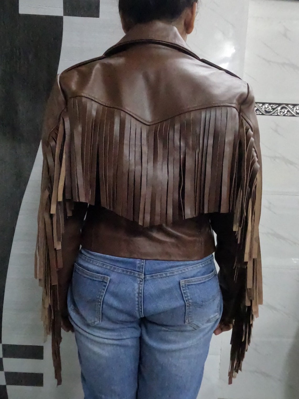 Women's FRINGE JACKET Leather BROWN Western Style Real Etsy
