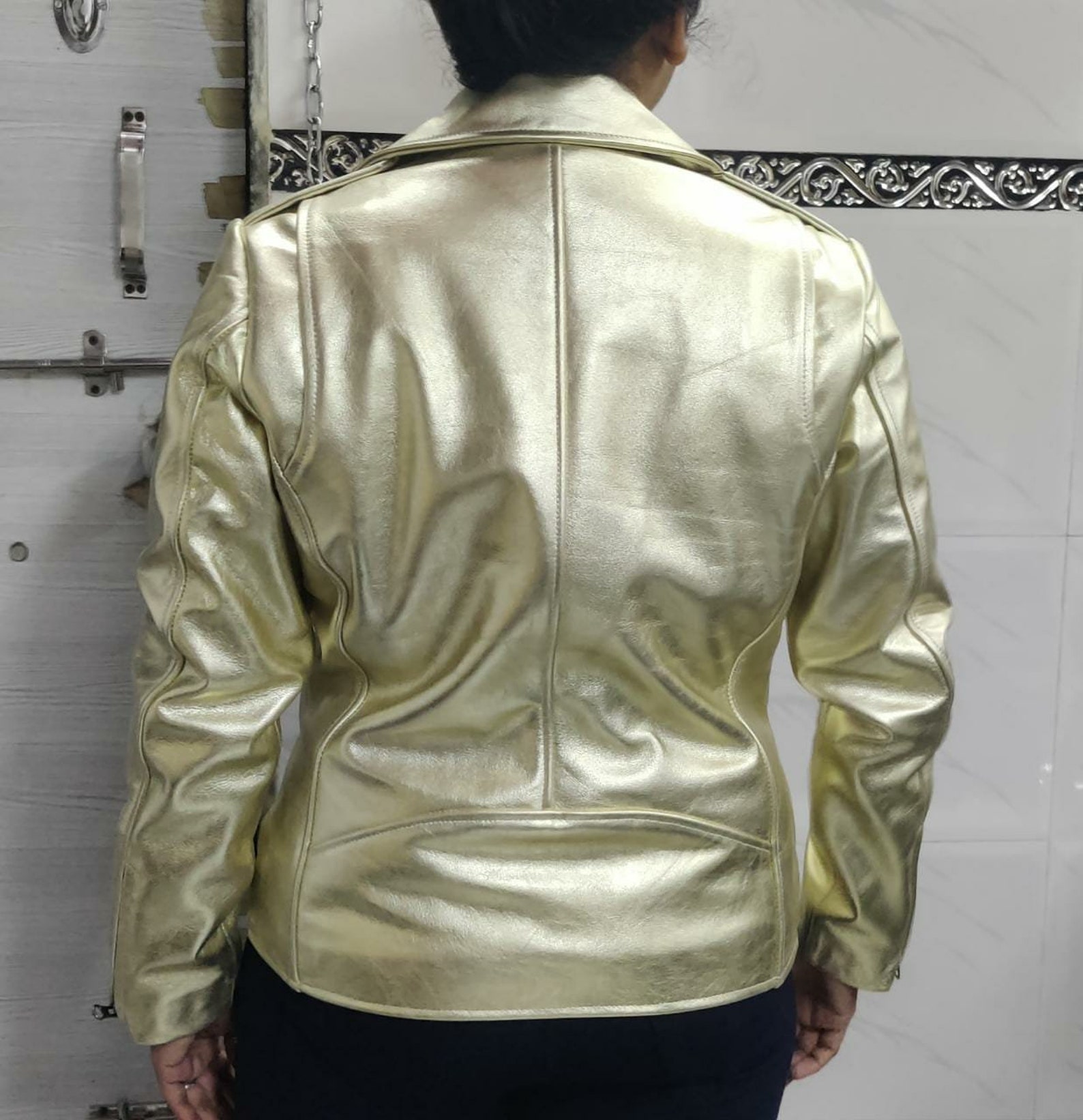 Y2K FORNARINA Pale Gold Leather Moto Jacket (L)