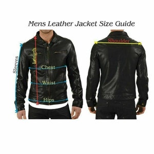 May include: A black leather jacket with a size guide showing measurements for the chest, waist, hips, sleeves, and shoulders.
