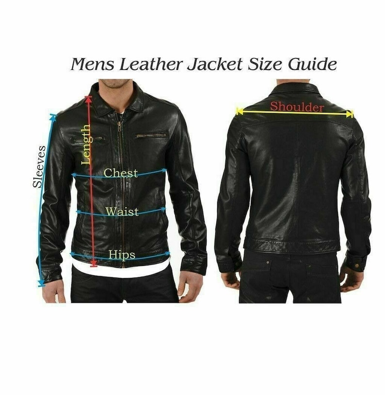 May include: A black leather jacket with a size guide showing measurements for the chest, waist, hips, sleeves, and shoulders.
