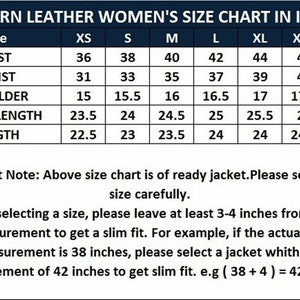 May include: A size chart for women's leather jackets in inches. The chart shows the measurements for bust, waist, shoulder, sleeve length, and length in inches for sizes XS to XXXL.