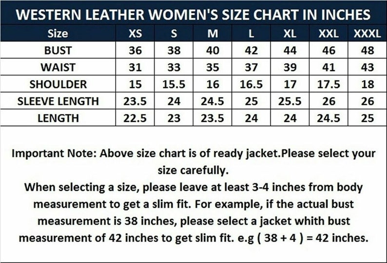 May include: A size chart for women's leather jackets in inches. The chart shows the measurements for bust, waist, shoulder, sleeve length, and length in inches for sizes XS to XXXL.