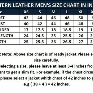 May include: A size chart for men's leather jackets in inches. The chart shows the measurements for chest, waist, shoulder, sleeve length, and length in inches for sizes XS to XXXL.