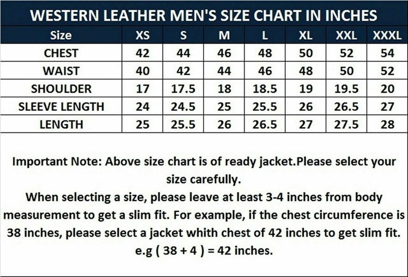 May include: A size chart for men's leather jackets in inches. The chart shows the measurements for chest, waist, shoulder, sleeve length, and length in inches for sizes XS to XXXL.