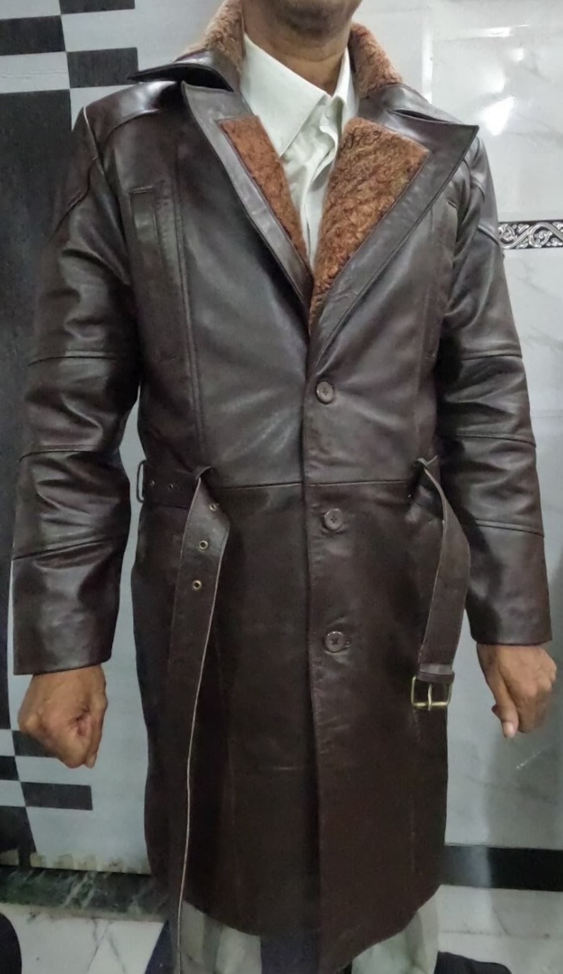 Noori Mens Leather Trench Coat BROWN SHEARLING Fur Leather Etsy