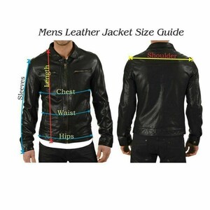 May include: A black leather jacket with a size guide showing measurements for the chest, waist, hips, sleeves, and shoulders.