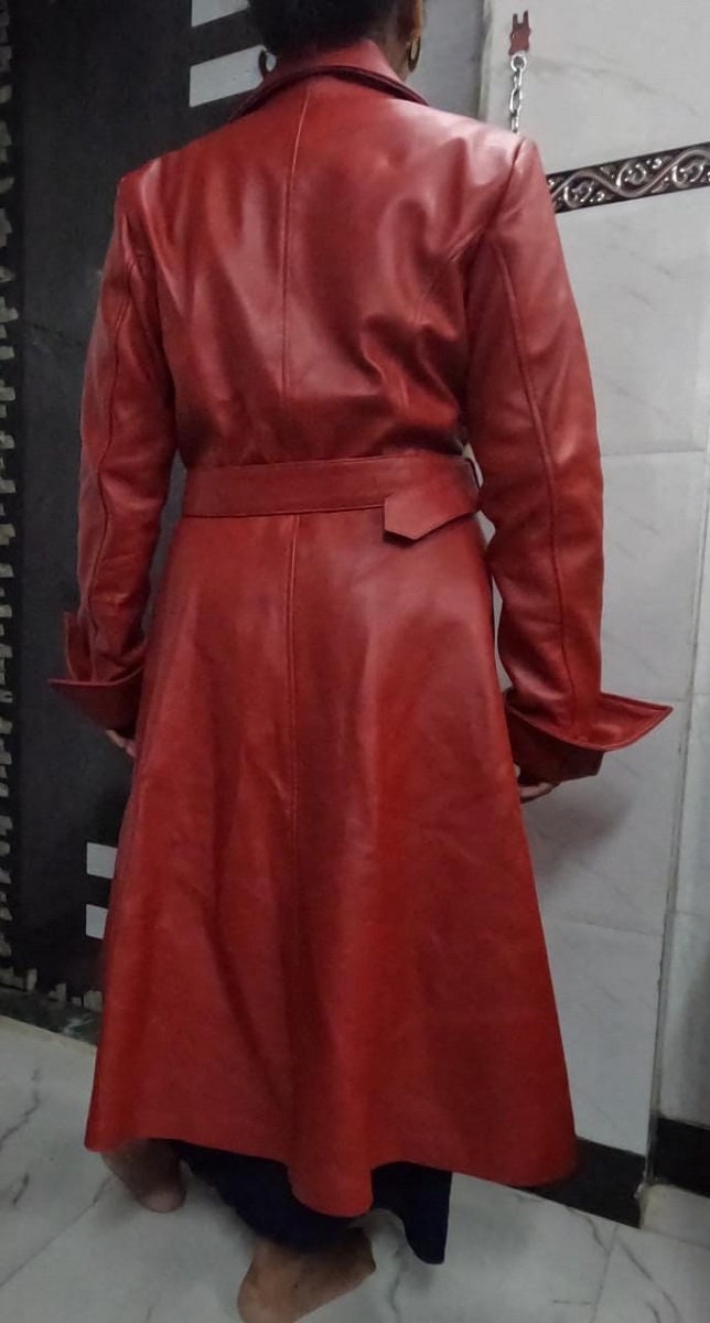 Noori Womens RED Lambskin Leather Trench Coat | Handmade Long Coat