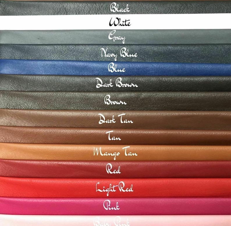 May include: A close-up of 14 leather swatches in various colours, including black, white, grey, navy blue, blue, dark brown, brown, dark tan, tan, mango tan, red, light red, pink, and white. The colours are labelled with their names.