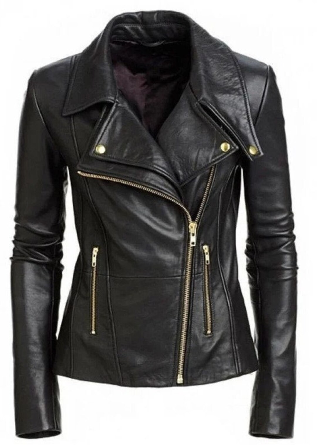 【送料&関税込】Golden  Shiny Black Sheepskin Biker Jac Men's Black Sheepskin Leather Biker Jacket – Slim Fit
