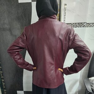 Women's BURGUNDY Leather Jacket, Womens Burgundy Moto Jacket, Handmade Vintage Style Jacket Fully Lined with Polyester, Maroon Bikers Jacket image 5