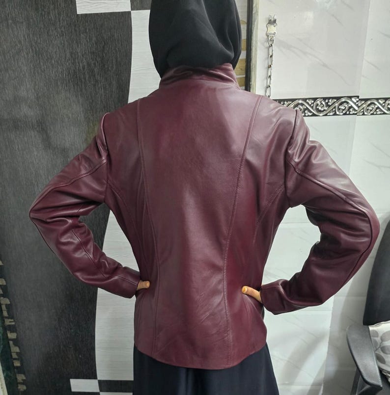 Women's BURGUNDY Leather Jacket, Womens Burgundy Moto Jacket, Handmade Vintage Style Jacket Fully Lined with Polyester, Maroon Bikers Jacket image 5