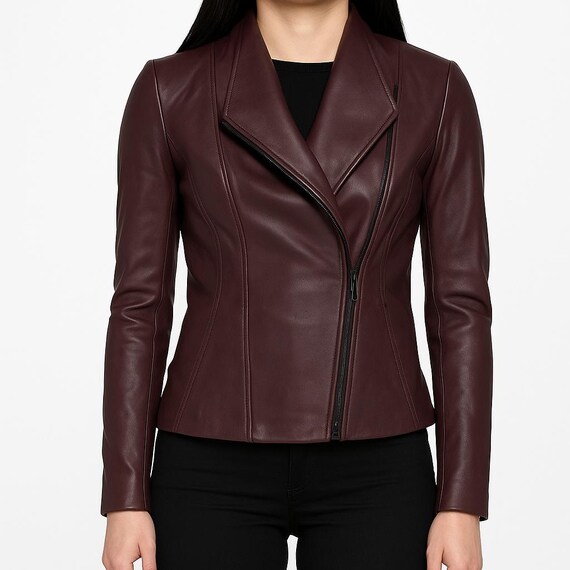 Women's BURGUNDY Leather Jacket, Womens Burgundy Moto Jacket, Handmade Vintage Style Jacket Fully Lined with Polyester, Maroon Bikers Jacket