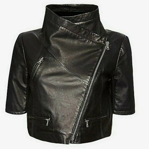 Women&#39;s BLACK Crop Leather Jacket | Slim Fit CROPPED Biker SHRUG Leather Jacket | Stylish Half Sleeves Leather Jacket For Christmas Gift