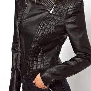 Womens BLACK Genuine LEATHER QUILTED Biker Motorcycle Jacket, Womens Black Solid Slim Fit Quilted Leather Moto Jacket, Birthday Gift for Her