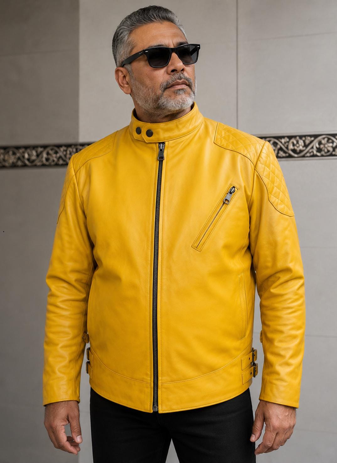 NOORI Mens YELLOW Leather Jacket | Real Leather Moto Jacket