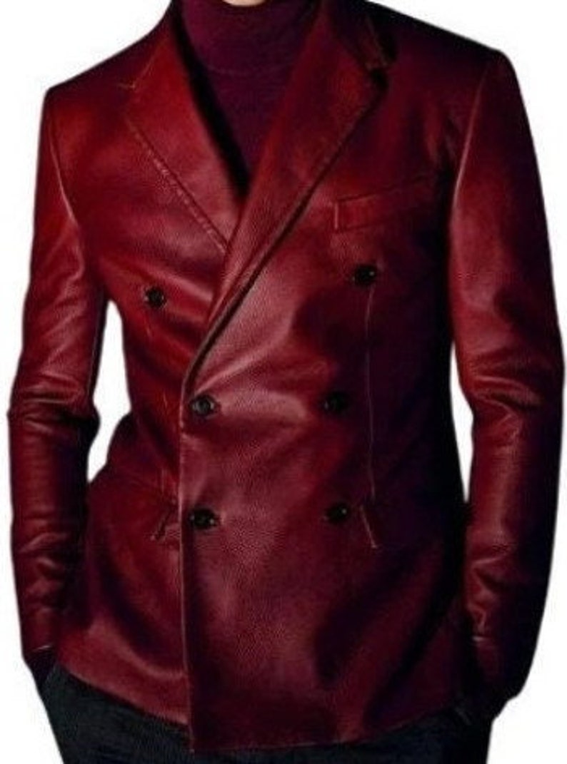 May include: A double-breasted burgundy leather blazer with a classic fit.