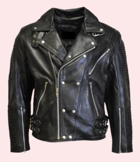 Men Leather Jacket Black Slim Fit Biker Motorcycle Genuine