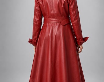 Women's RED Lambskin Leather TRENCH COAT, Handmade Leather Long